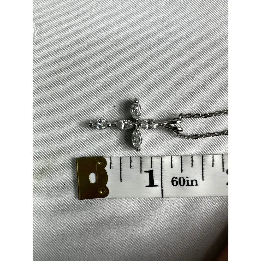 Vintage Marquise Cut Cross Pendant Necklace Silver Tone Clear CZ Rhinestone